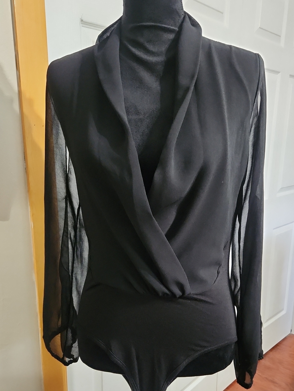 Body Central Black Draped V-Neck Sheer-Sleeve Bodysuit